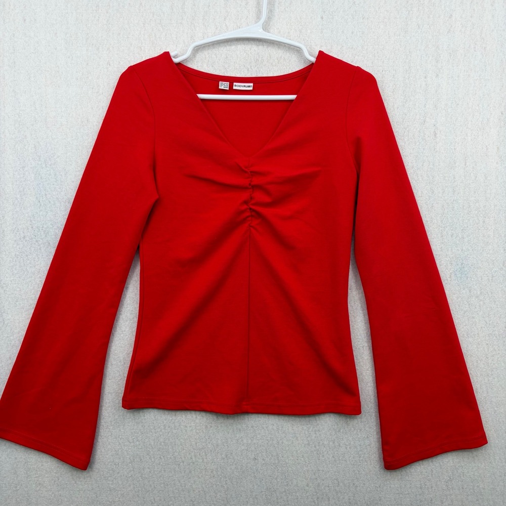 Bodyflirt Red V-Neck Ruched Bust Bell Sleeve Top Womens XS 32/34